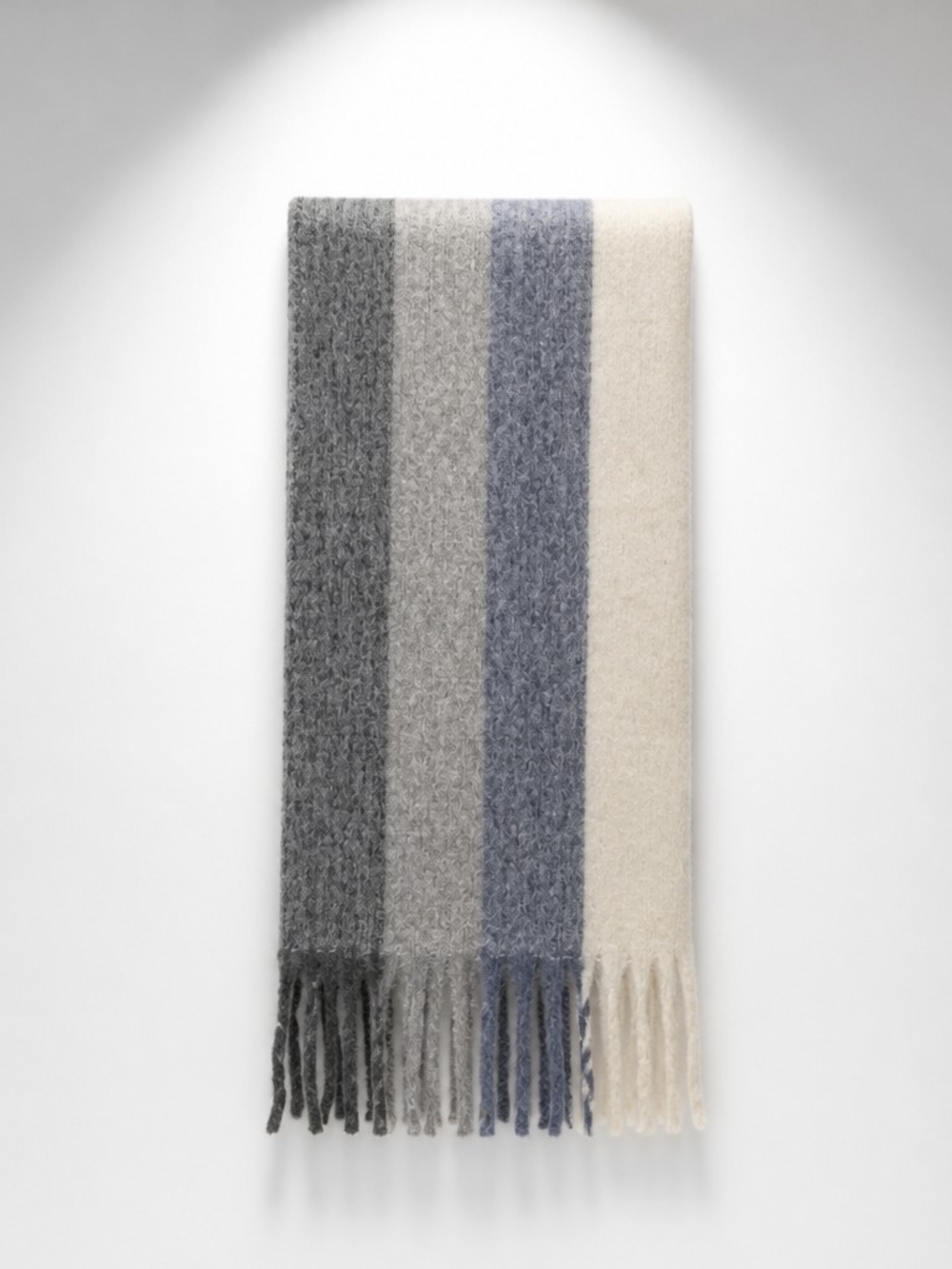 Striped Cozy Fringe Scarf in Gray, Blue & Cream